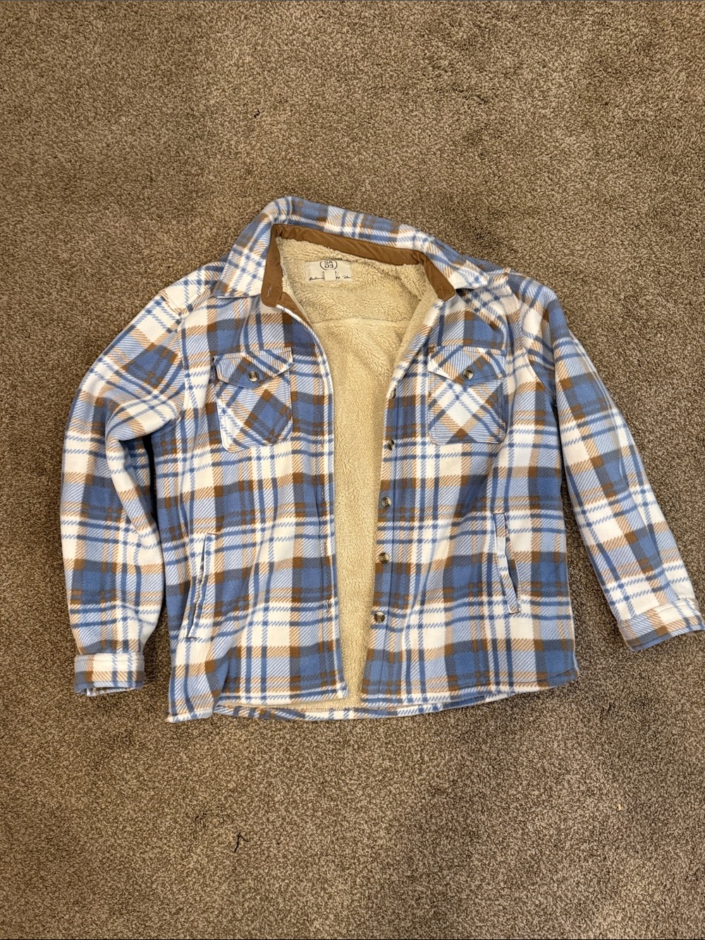 Blue & Tan Plaid Sherpa-Lined Shirt Jacket